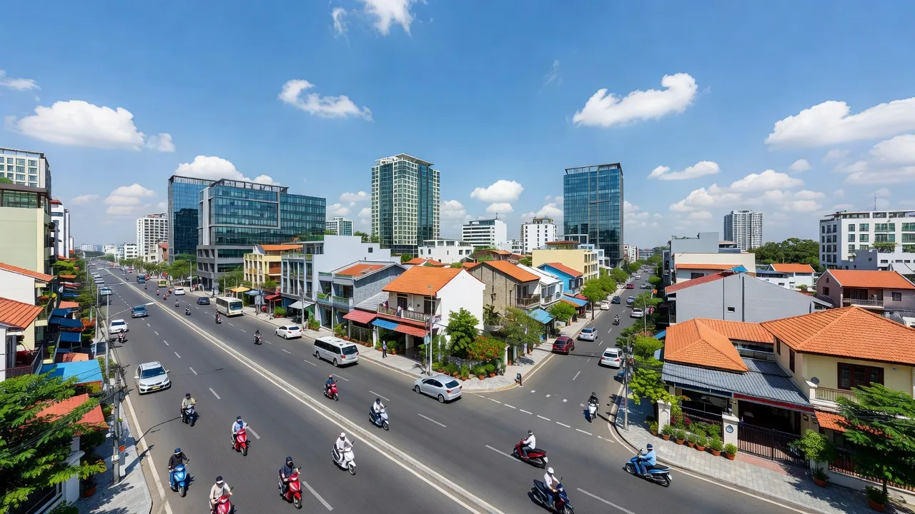 Cảnh quan Phường Thới Hòa, Bến Cát, Bình Dương với cơ sở hạ tầng hiện đại và khu dân cư sôi động.