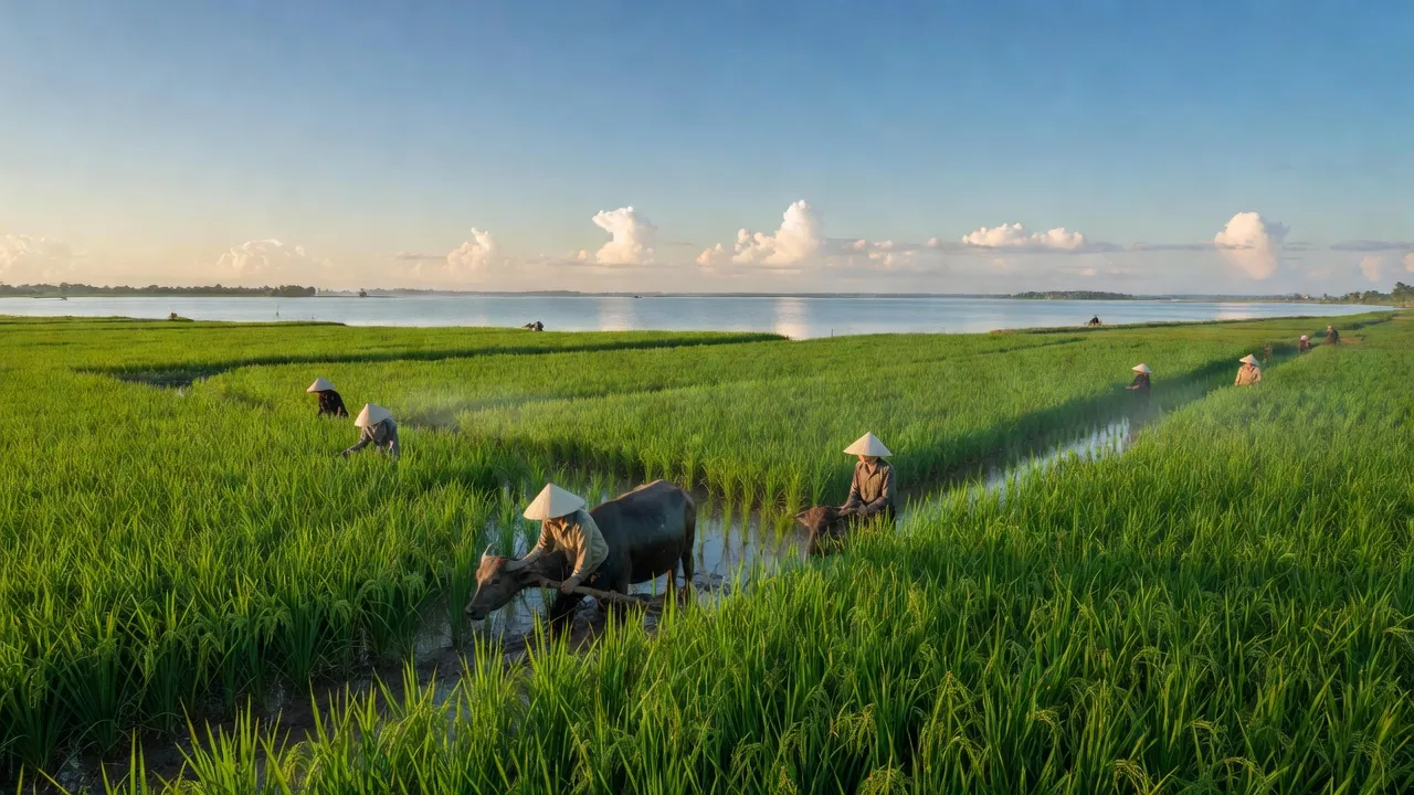 Cảnh sắc xã An Lập, huyện Dầu Tiếng, tỉnh Bình Dương với ruộng xanh và hồ Dầu Tiếng.