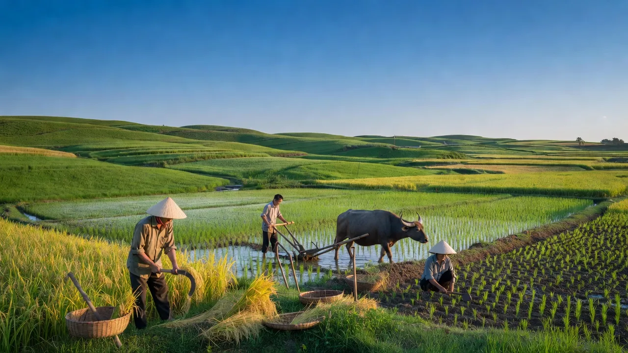 Khung cảnh yên bình tại xã Định Hiệp, huyện Dầu Tiếng, tỉnh Bình Dương với cánh đồng xanh và nông dân làm ruộng.