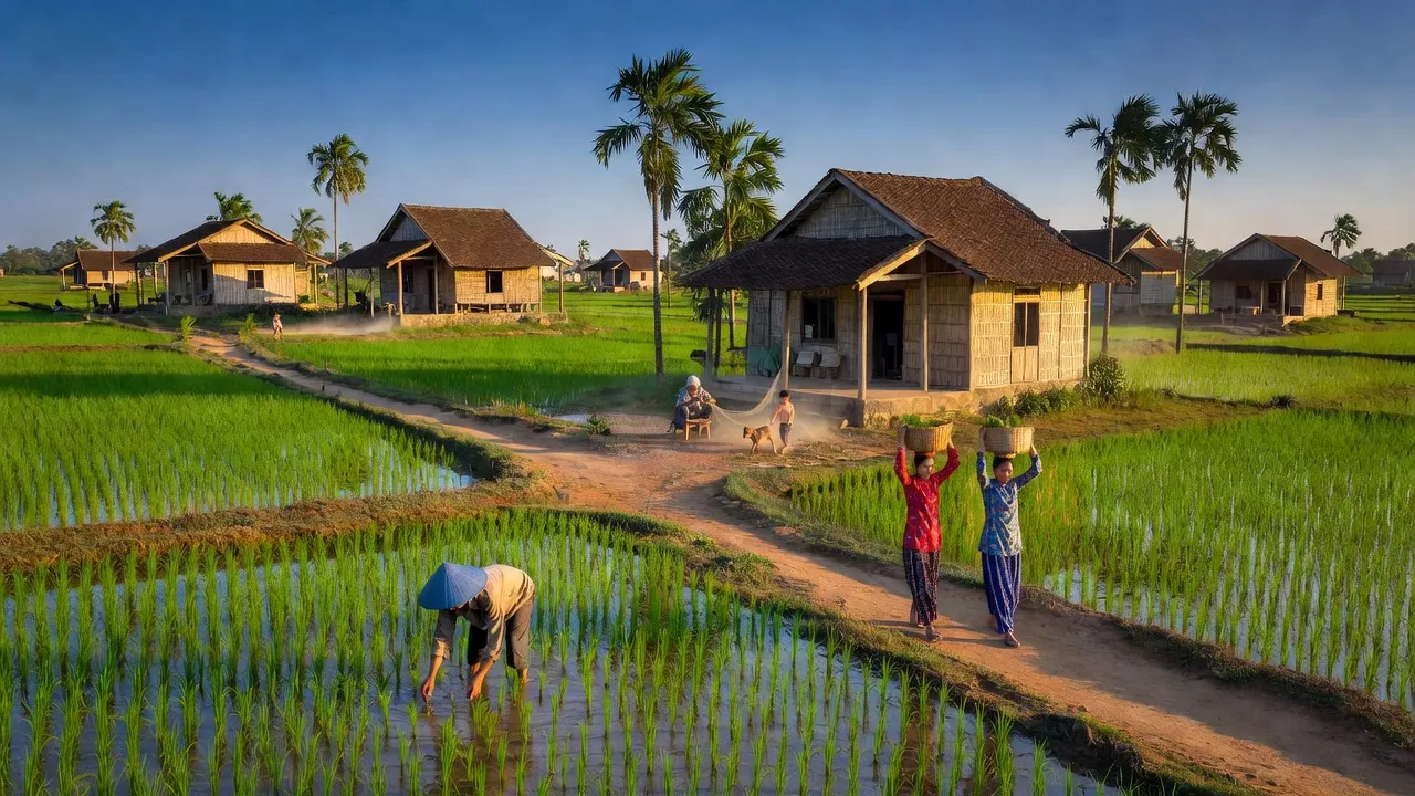 Cảnh đẹp xã Minh Tân, huyện Dầu Tiếng, tỉnh Bình Dương với cánh đồng xanh và nhà truyền thống.