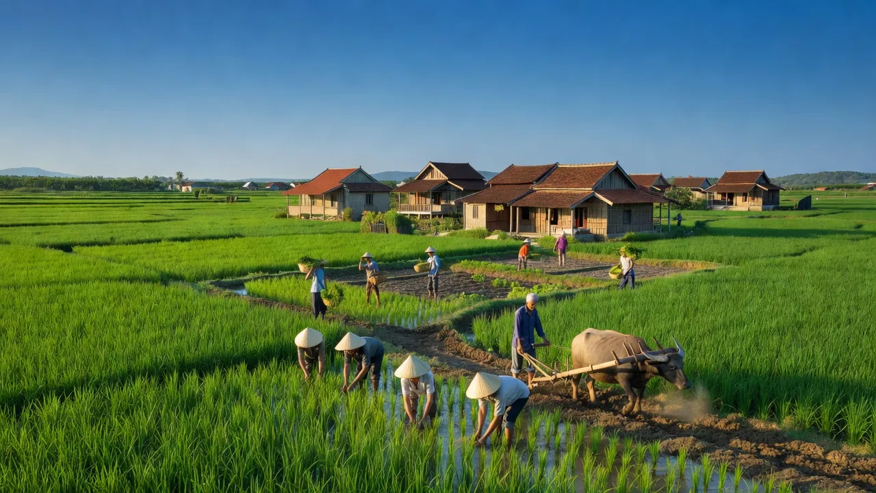 Cảnh đẹp xã Minh Thạnh, huyện Dầu Tiếng với cánh đồng xanh và đời sống nông thôn bình yên.