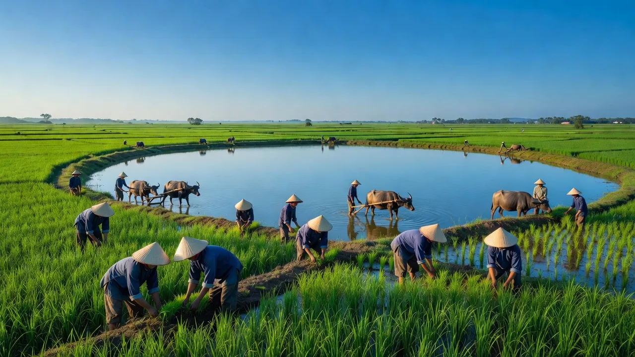 Phong cảnh hữu tình xã Thanh An, huyện Dầu Tiếng, tỉnh Bình Dương với hồ và cánh đồng xanh.