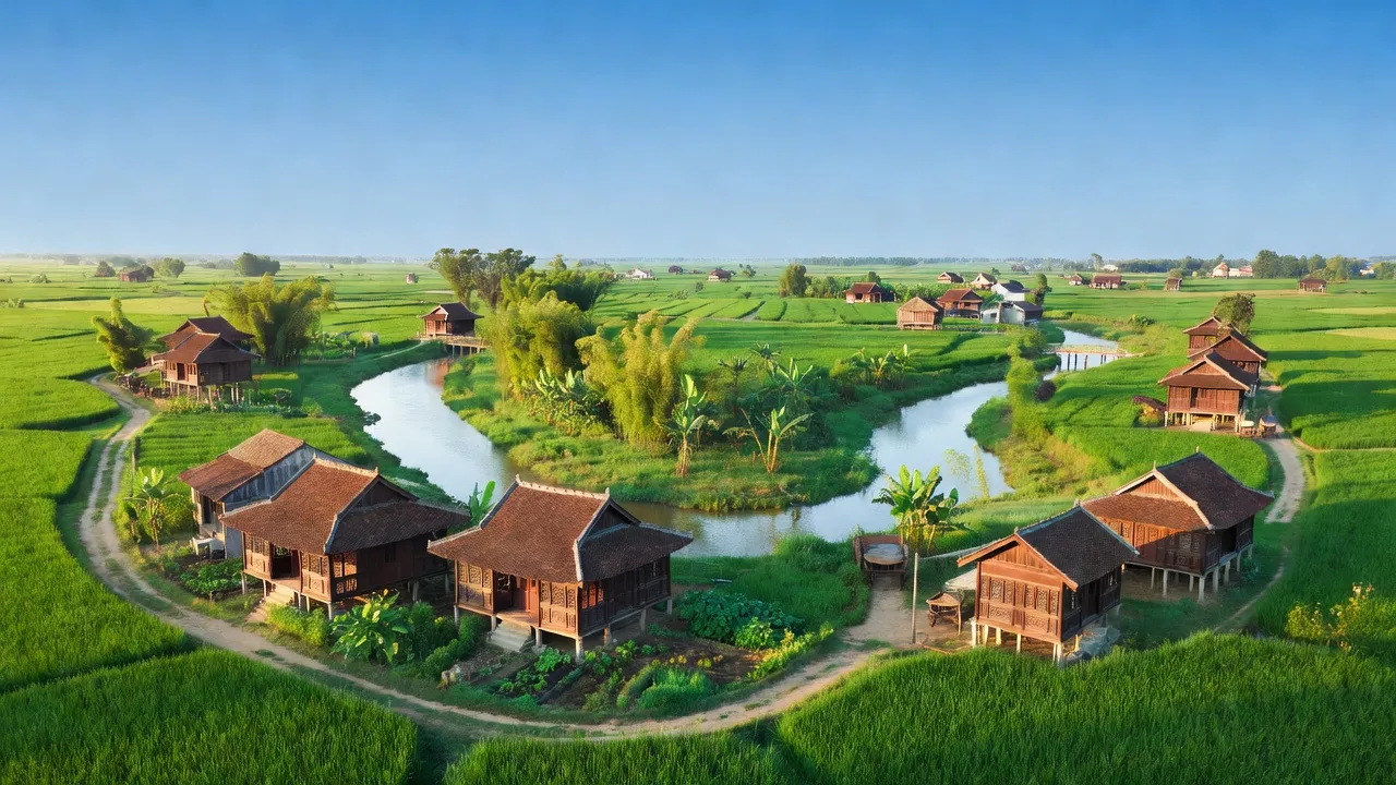 Cảnh quan Xã Thanh Tuyền, huyện Dầu Tiếng, tỉnh Bình Dương với cánh đồng xanh và sông Sài Gòn.