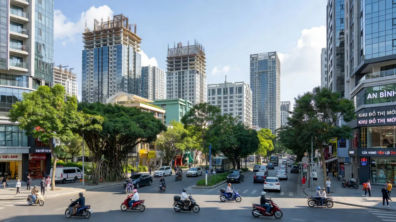Phường An Bình, Thành phố Dĩ An, với cảnh quan đô thị hiện đại và không khí năng động, cây xanh, đường phố.