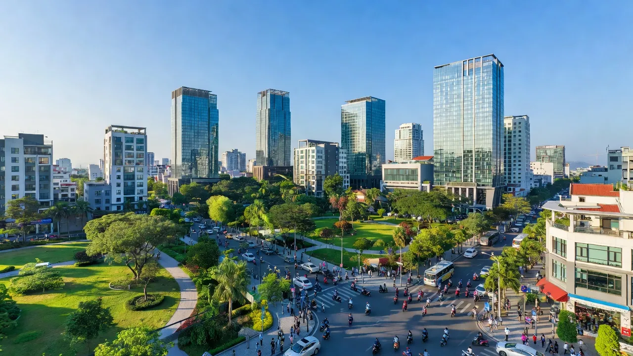 Khung cảnh Phường Bình An, Thành phố Dĩ An, với kiến trúc hiện đại và công viên xanh.