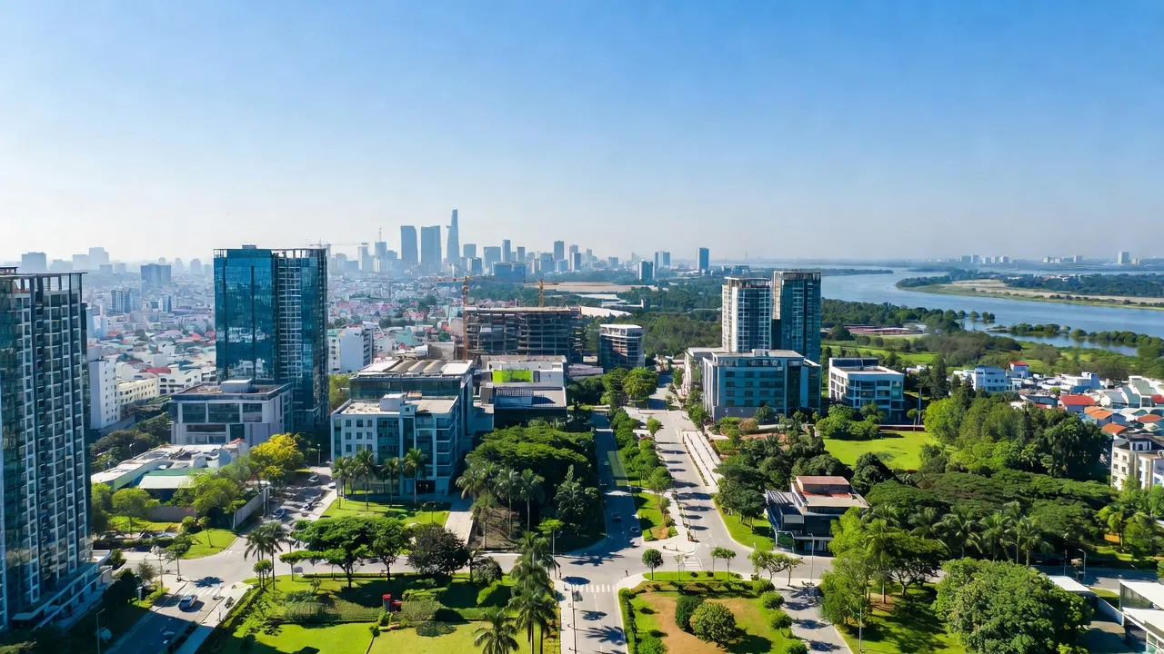 Phường Bình An, thành phố Dĩ An, tỉnh Bình Dương with urban greenery and skyline.