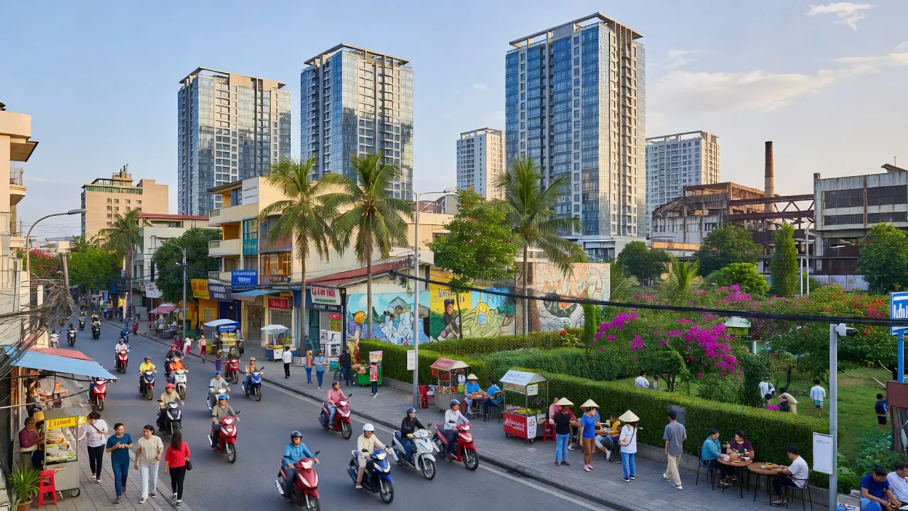 Phường Tân Bình, Thành phố Dĩ An, Bình Dương với không gian đô thị hiện đại và cây xanh.