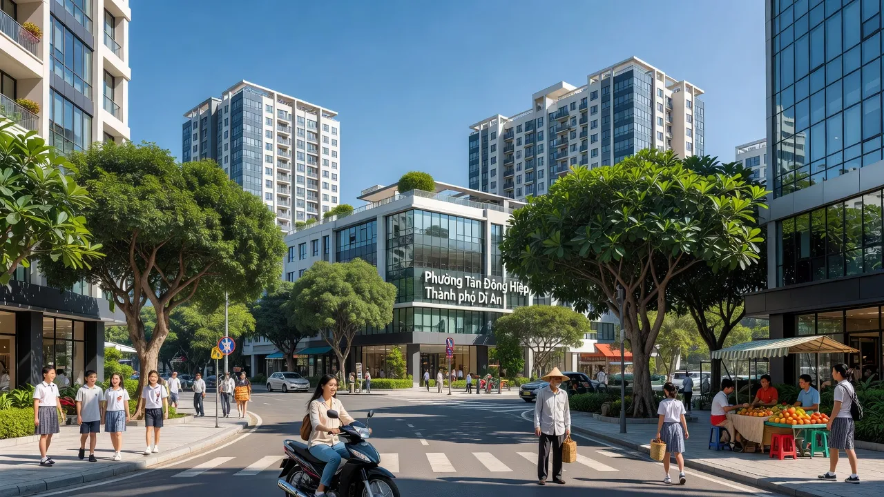 Phường Tân Đông Hiệp, Thành phố Dĩ An, với các công trình và người dân trong không gian xanh tươi.