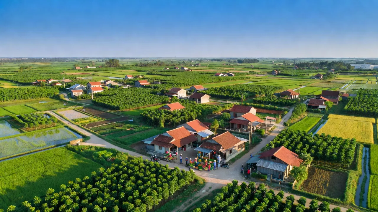 Toàn cảnh huyện Phú Giáo, tỉnh Bình Dương với cảnh quan đồng quê và không gian xanh tươi.