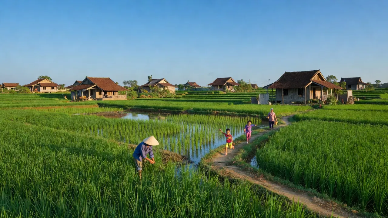 Khung cảnh yên bình tại xã An Bình, huyện Phú Giáo, tỉnh Bình Dương với đồng lúa xanh tươi.