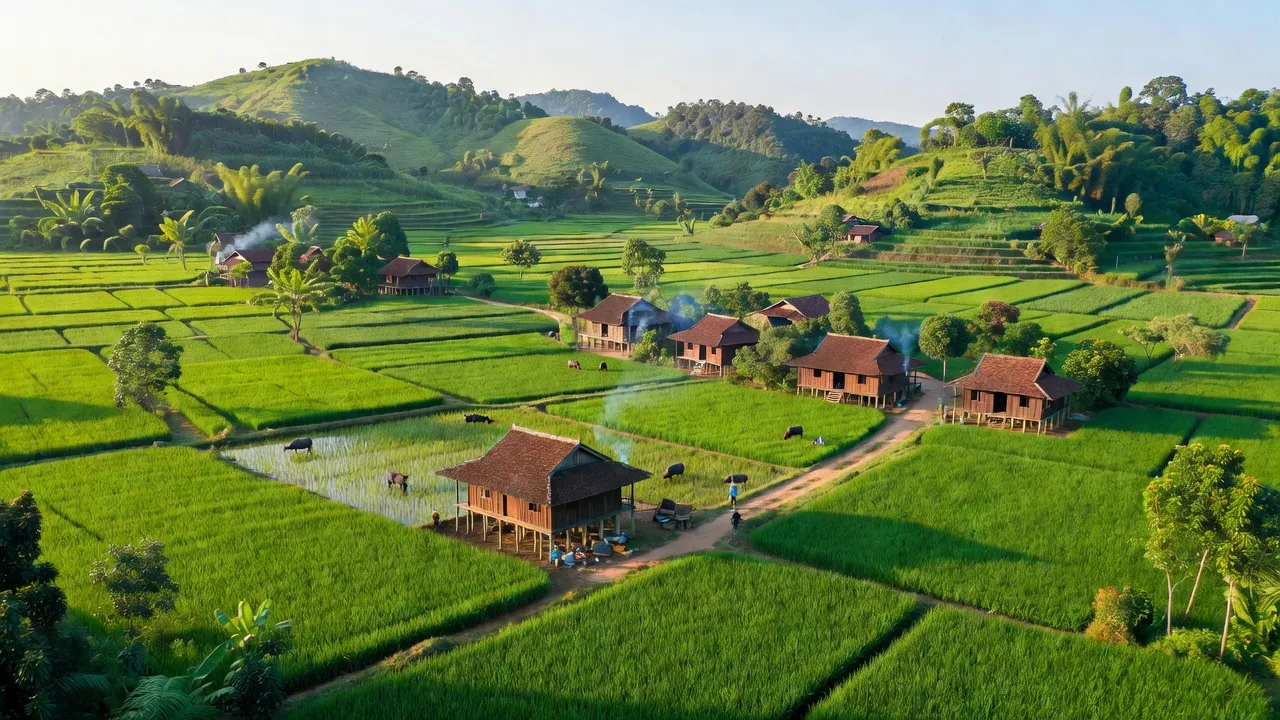 Khung cảnh nông thôn tại xã Phước Hoà, huyện Phú Giáo, tỉnh Bình Dương với đồi núi và ruộng đồng.
