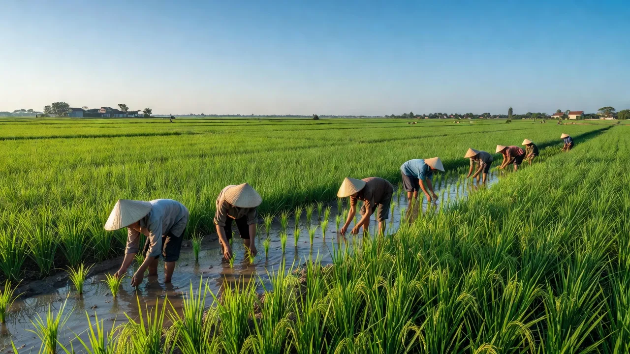 Cảnh quan xanh tươi của Xã Phước Sang, Huyện Phú Giáo, tỉnh Bình Dương với cánh đồng lúa.