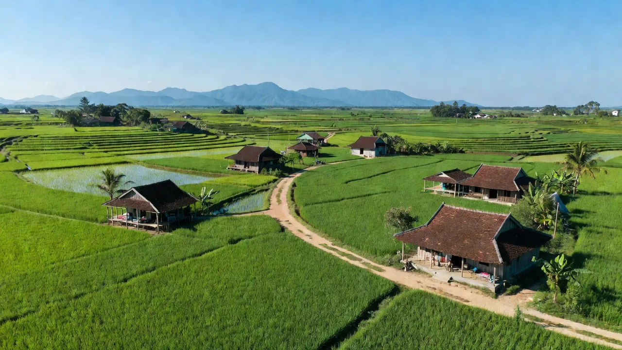 Khung cảnh tươi đẹp của xã Phước Sang, huyện Phú Giáo, Bình Dương với cánh đồng xanh và nhà truyền thống.
