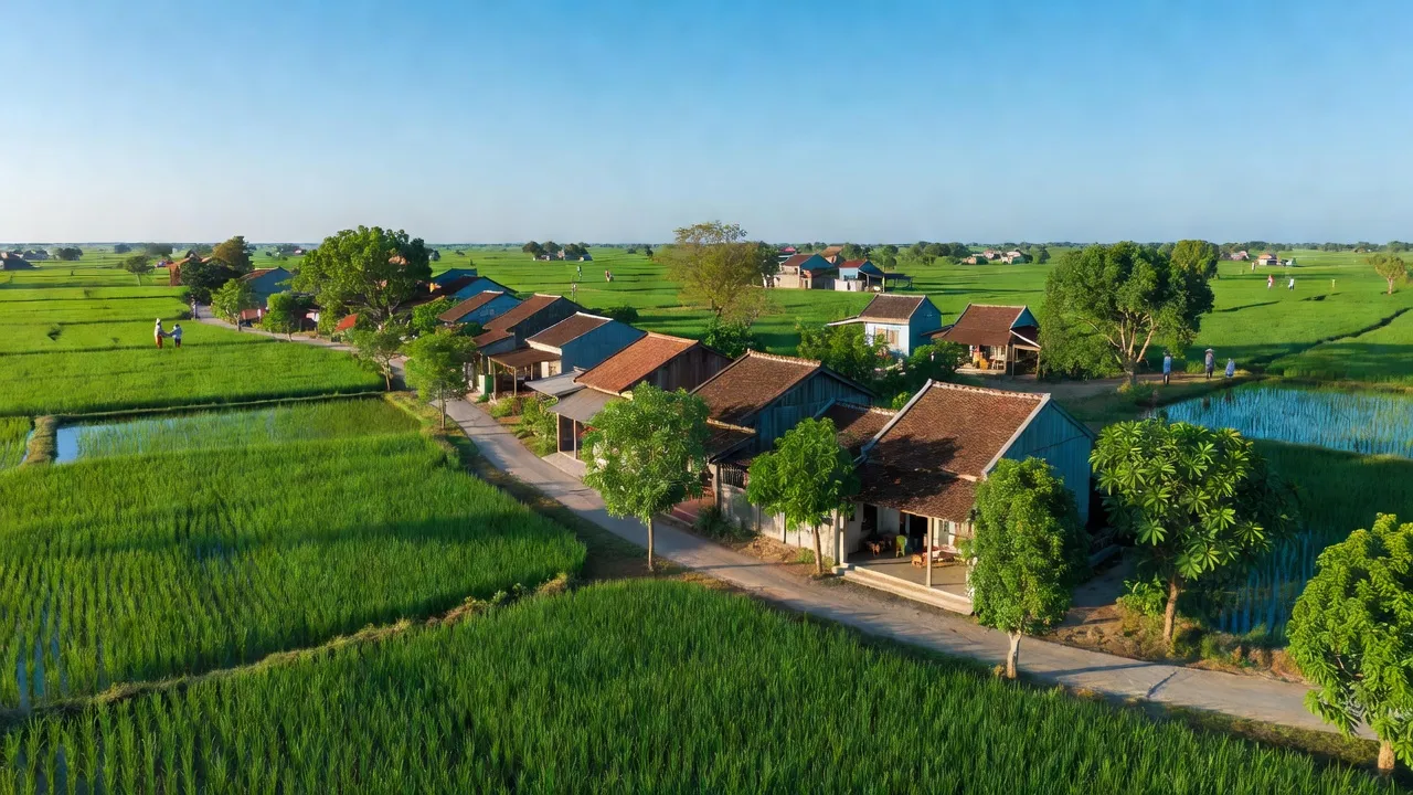 Thị trấn Phước Vĩnh, huyện Phú Giáo, Bình Dương với kiến trúc và cánh đồng xanh tươi.