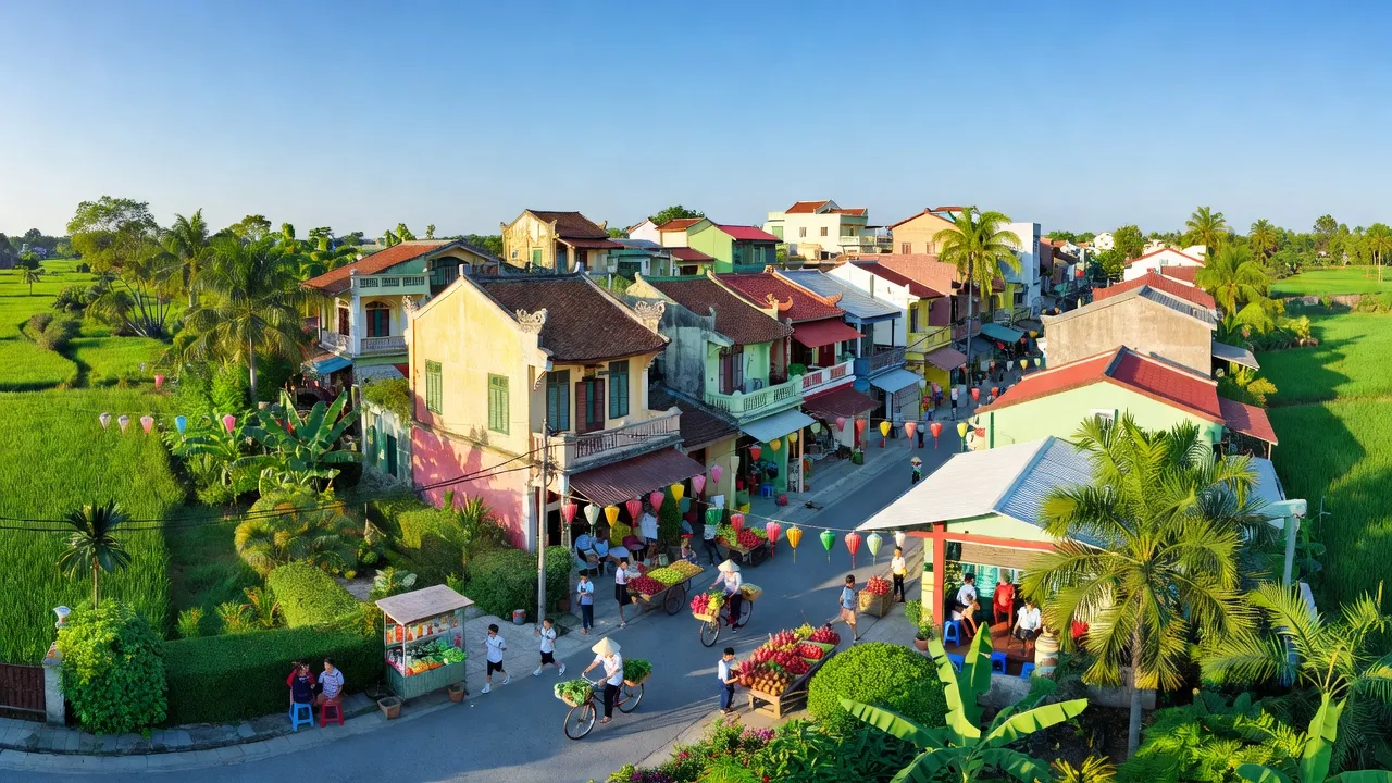 Thị trấn Phước Vĩnh, huyện Phú Giáo, tỉnh Bình Dương với kiến trúc địa phương và thiên nhiên xanh tươi.
