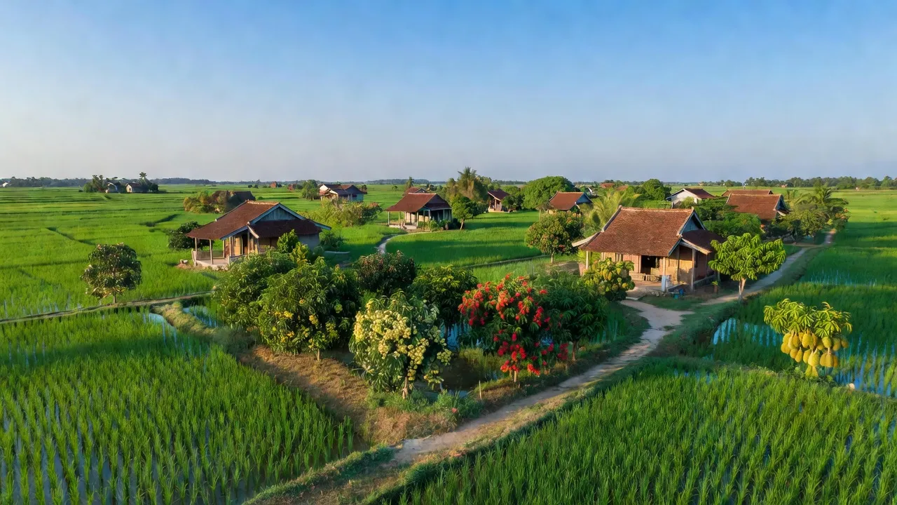 Cảnh thiên nhiên xã Tam Lập, huyện Phú Giáo, tỉnh Bình Dương với cánh đồng xanh và vườn cây ăn trái.