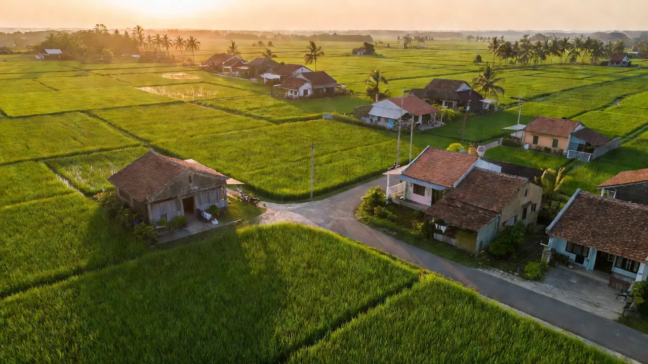 Khung cảnh Xã Tân Long, Huyện Phú Giáo, Bình Dương với cánh đồng xanh và nhà cửa.