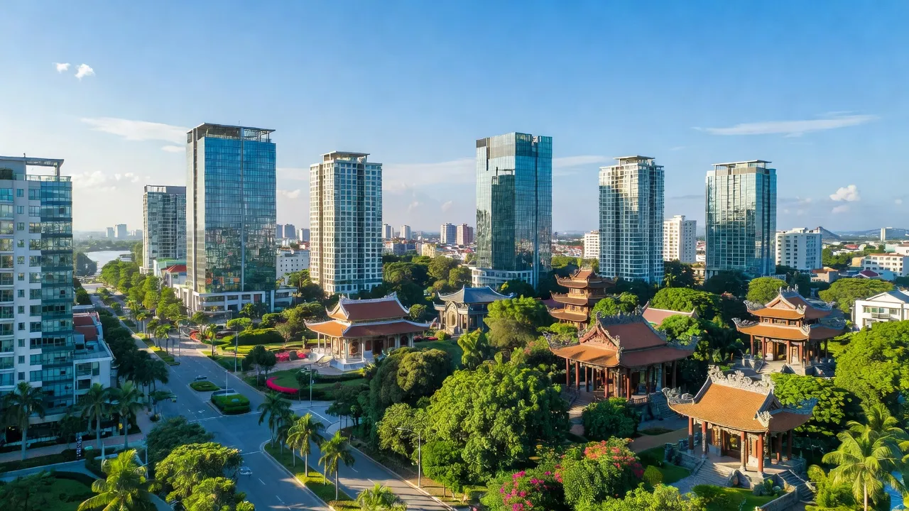 Thành phố Tân Uyên, Bình Dương với phố phường hiện đại và cây cối xanh tươi.