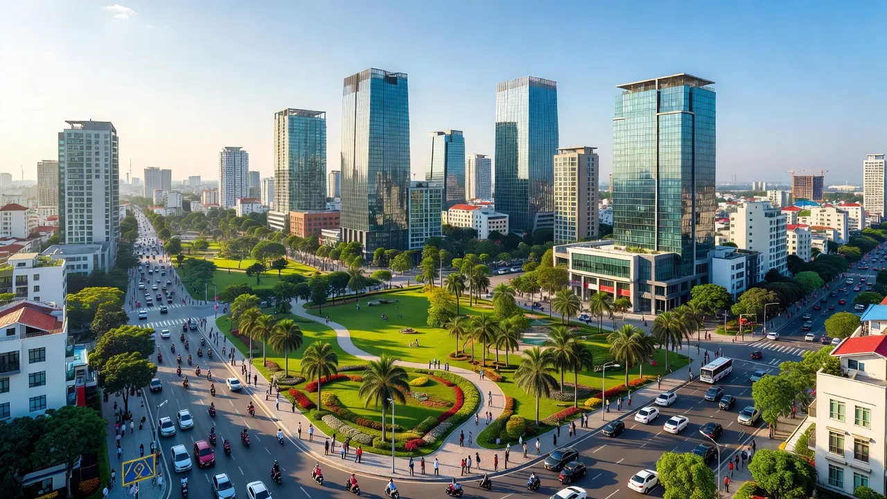Toàn cảnh Thành phố Tân Uyên, Bình Dương với tòa nhà hiện đại và công viên xanh, trung tâm phát triển.