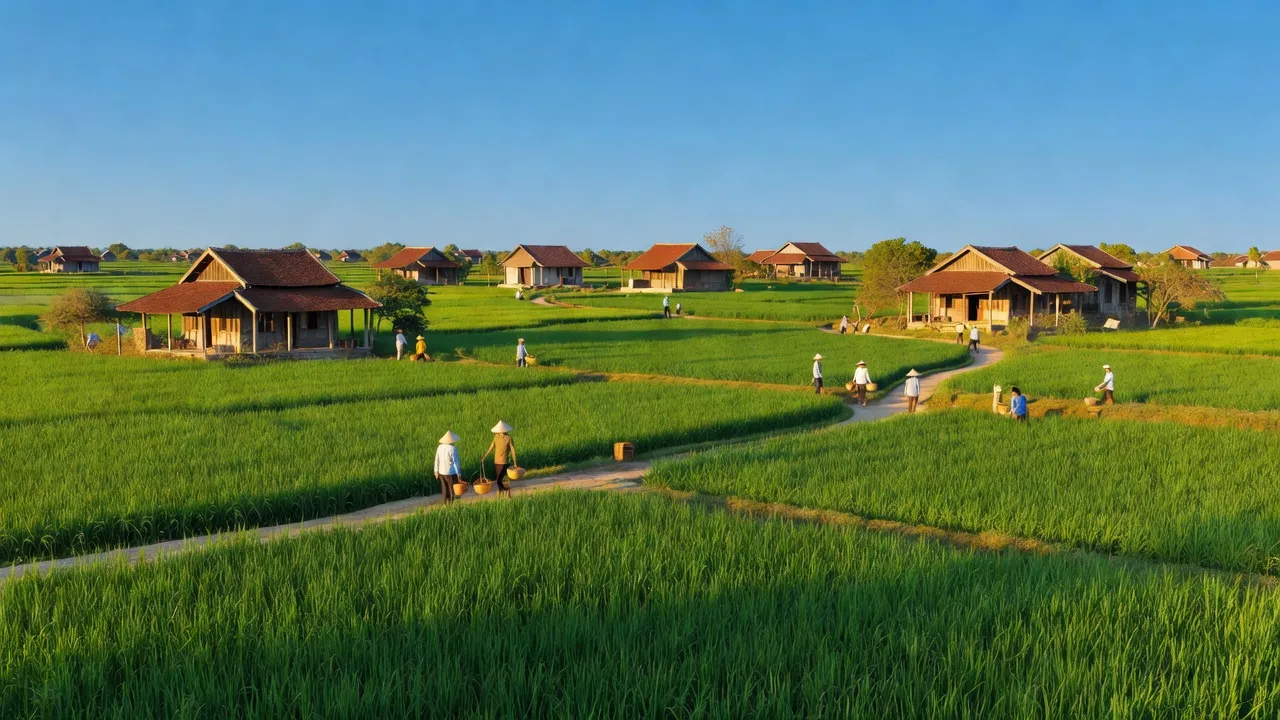 Cảnh đẹp Xã Bạch Đằng, thành phố Tân Uyên, Bình Dương, với đồng xanh và nhà truyền thống.
