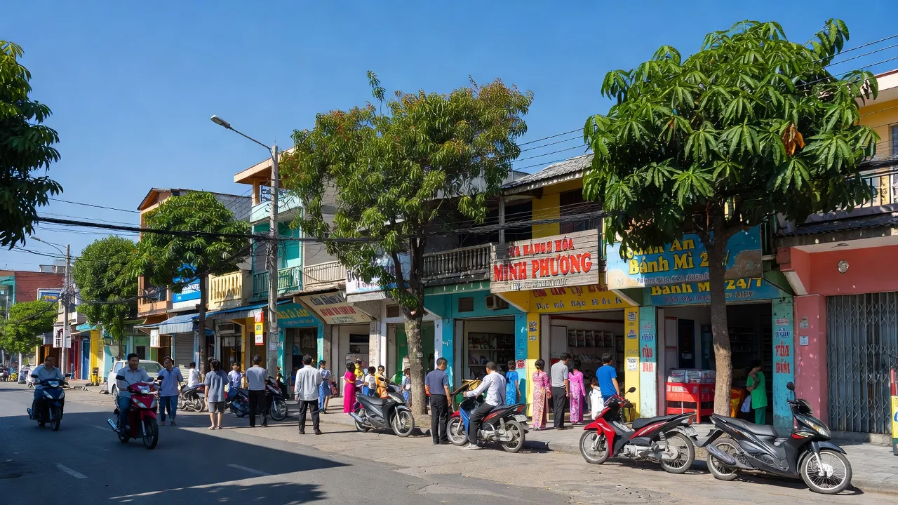 Phường Tân Hiệp, Thành phố Tân Uyên, Bình Dương với đường phố nhộn nhịp và bầu trời xanh.