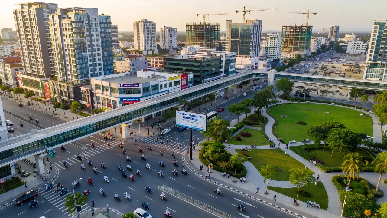 Phường Tân Hiệp, Thành phố Tân Uyên, Bình Dương với đường phố nhộn nhịp và cơ sở hạ tầng hiện đại.