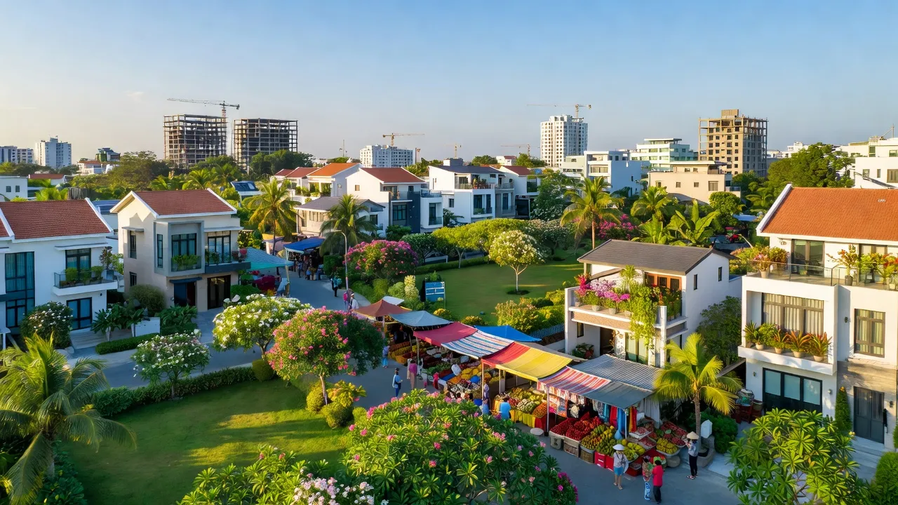 Khung cảnh sống động tại Phường Tân Vĩnh Hiệp, Thành phố Tân Uyên, với nhà hiện đại và cây xanh.