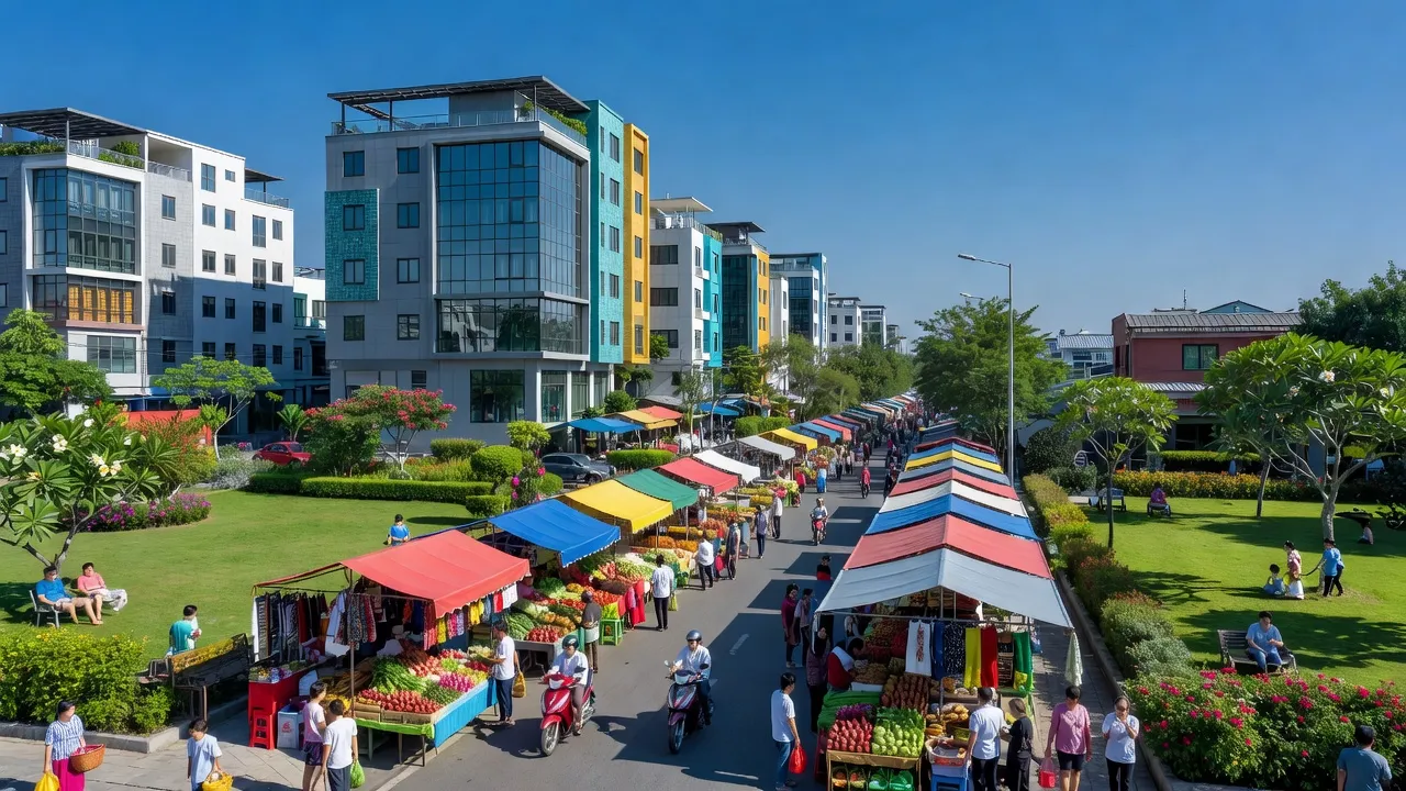 Khung cảnh sống động tại Phường Thái Hòa, Tân Uyên, Bình Dương với kiến trúc hiện đại và không gian xanh.