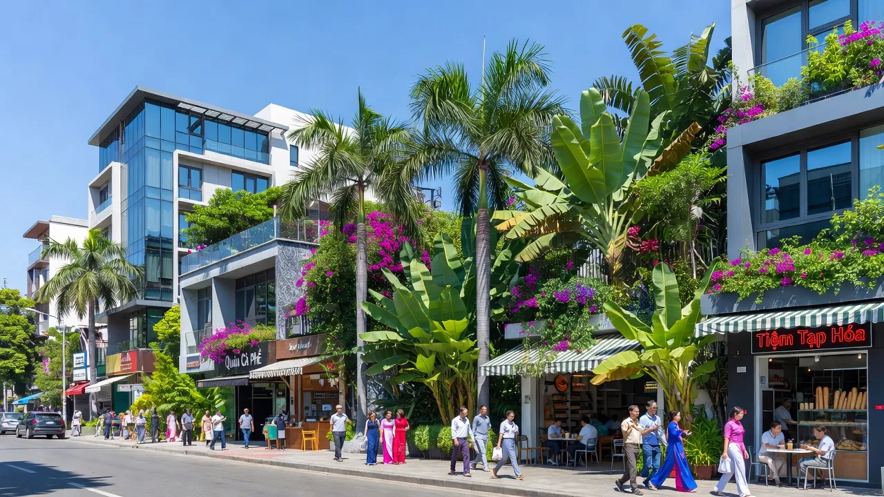 Phường Thái Hòa, Tân Uyên, Bình Dương, with modern buildings, greenery, and lively street activity.