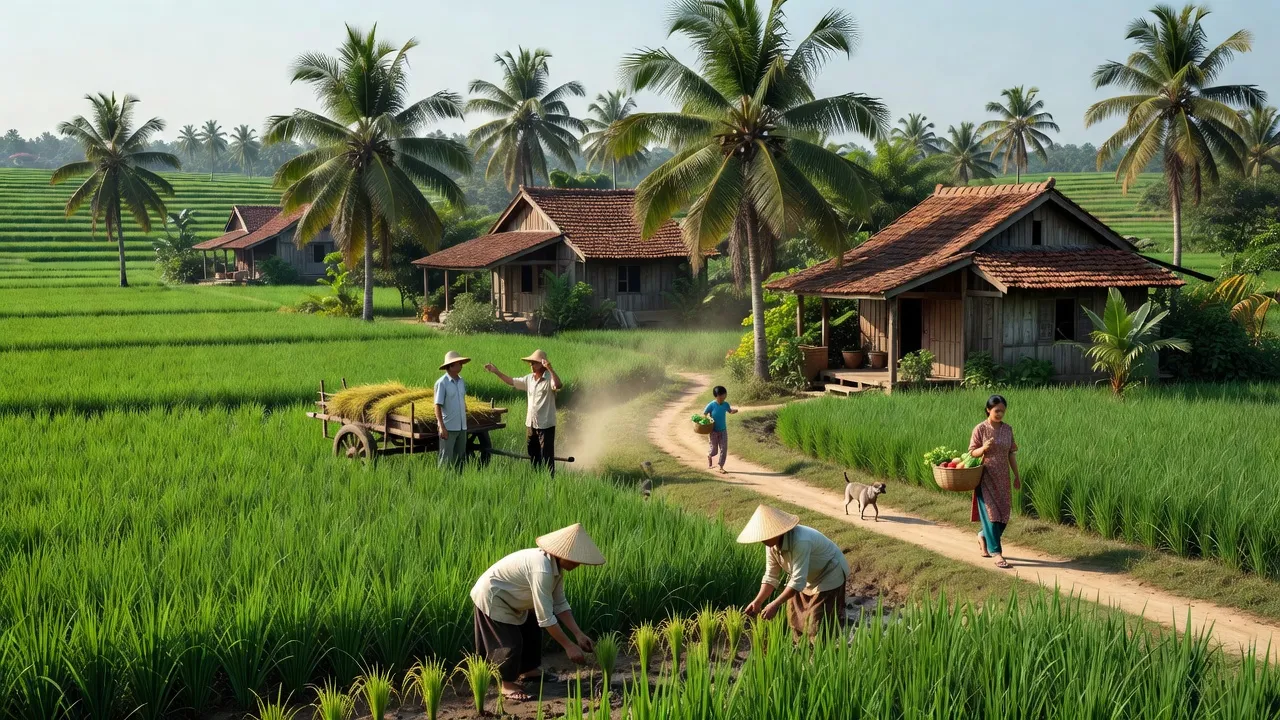 Phong cảnh yên bình xã Thạnh Hội, Tân Uyên, Bình Dương với những ngôi nhà truyền thống và người dân địa phương.