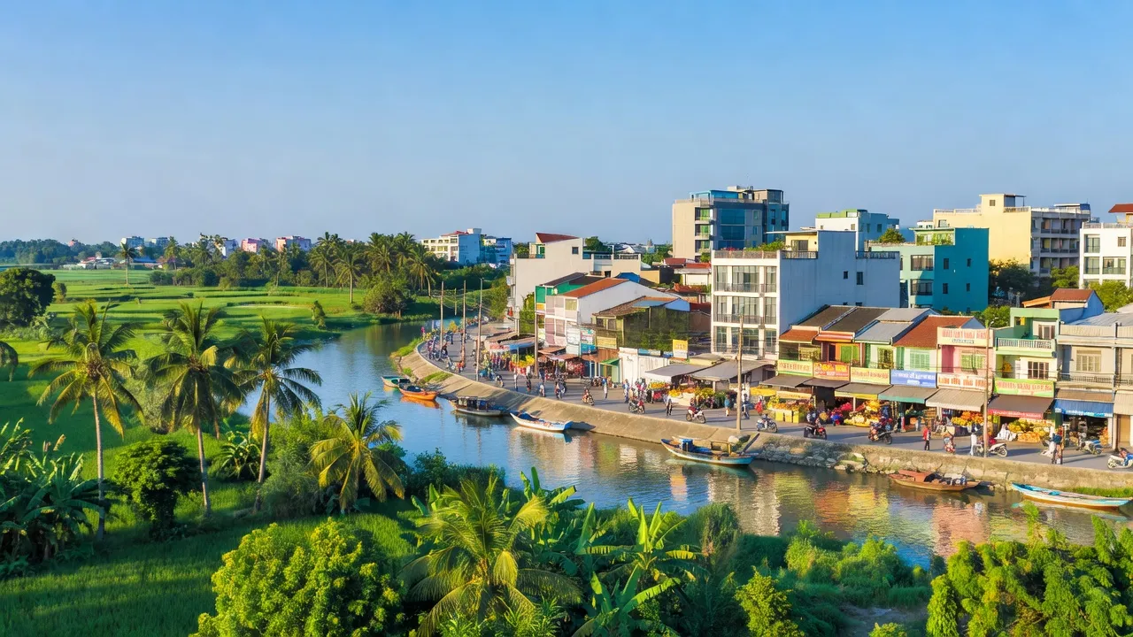 Cảnh quan Phường Uyên Hưng, Tân Uyên, Bình Dương gần sông Đồng Nai, thể hiện sự phát triển đô thị.