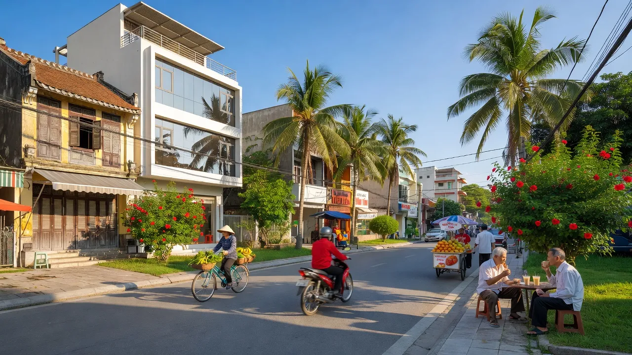 Khung cảnh đường phố Phường Vĩnh Tân, Thành phố Tân Uyên, Bình Dương, kiến trúc hiện đại và chính quyền địa phương.