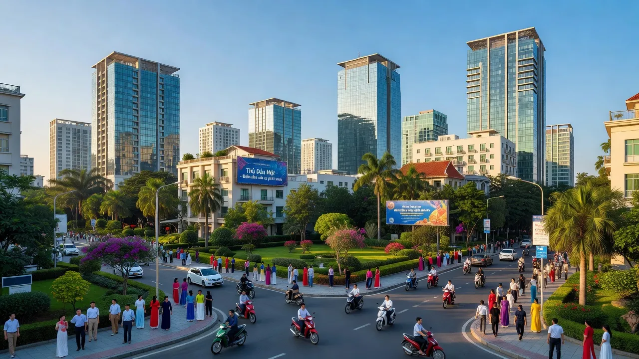 Khung cảnh thành phố Thủ Dầu Một, Bình Dương với tòa nhà và cây xanh, hình ảnh phát triển đô thị.