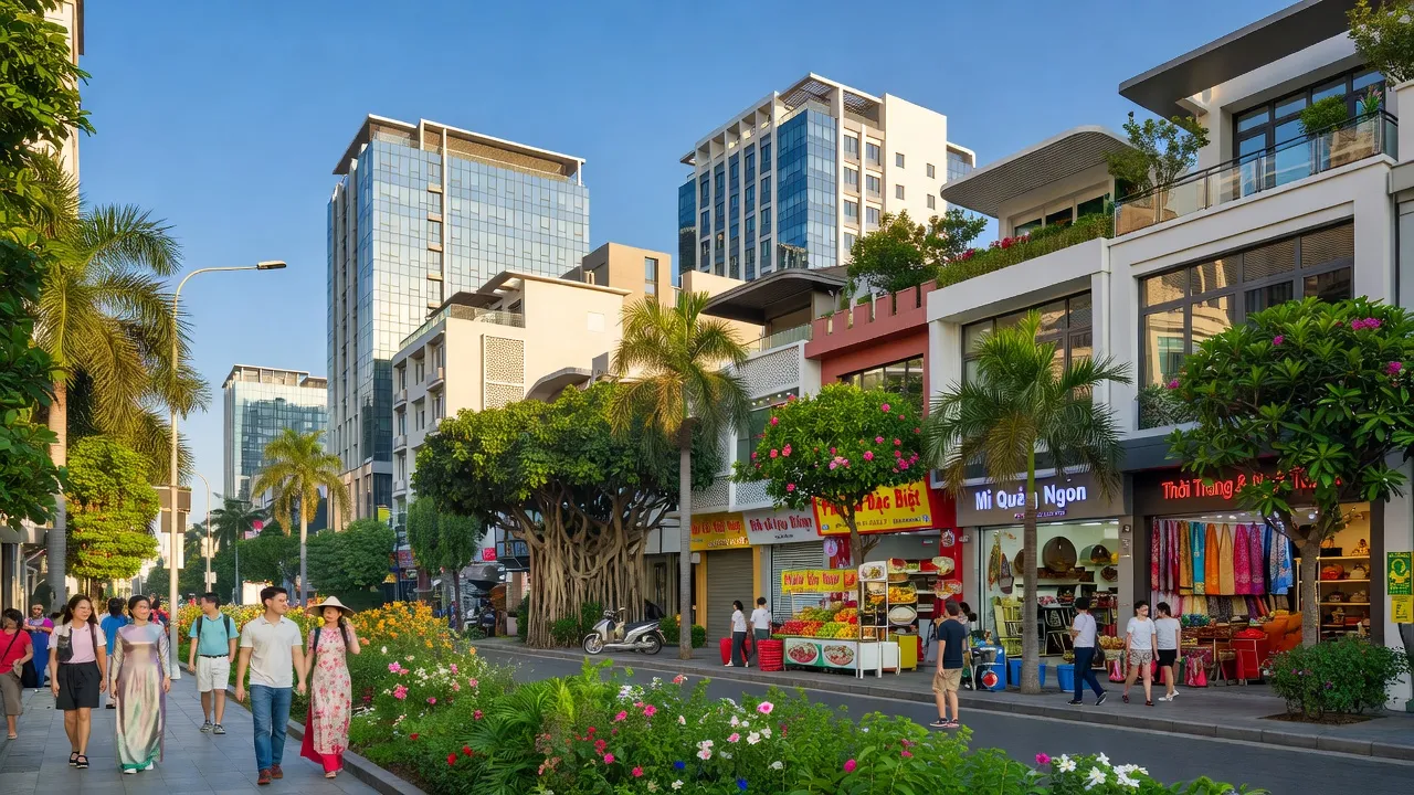 Thành phố Thủ Dầu Một, Bình Dương với kiến trúc hiện đại và không gian xanh tươi sáng.