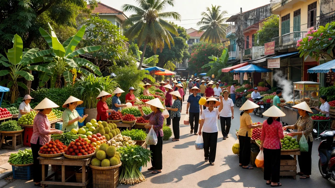 Cảnh đường phố nhộn nhịp tại Phường Hiệp Thành, Thủ Dầu Một, với chợ và cây xanh.
