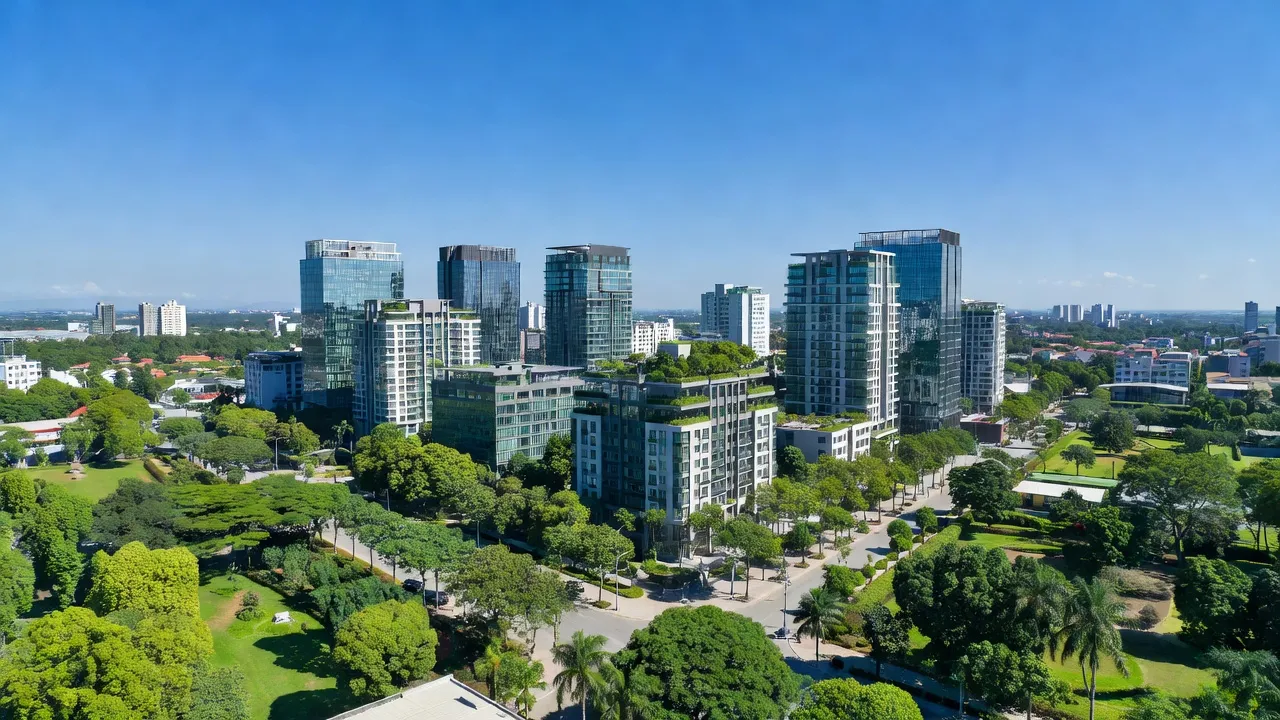 Cảnh quan Phường Hòa Phú, Thủ Dầu Một với tòa nhà hiện đại và không gian xanh, ngày nắng.