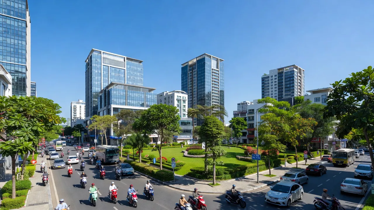 Phường Hòa Phú, Thủ Dầu Một, Bình Dương, với cảnh quan đô thị hiện đại và trời xanh.
