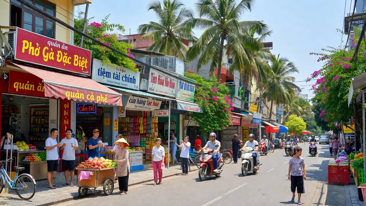 Cảnh sống động tại Phường Phú Cường, Thủ Dầu Một, với cửa hàng và cây xanh tươi tốt.