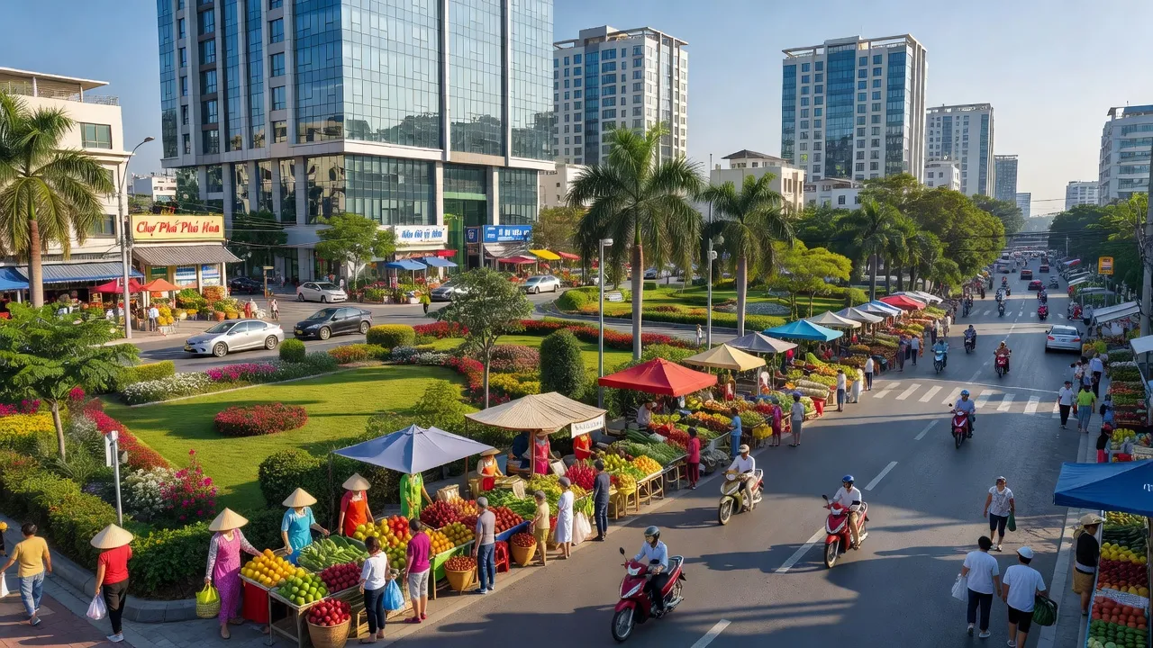 Khung cảnh nhộn nhịp tại Phường Phú Hòa, Thủ Dầu Một với các tòa nhà hiện đại và công viên xanh.
