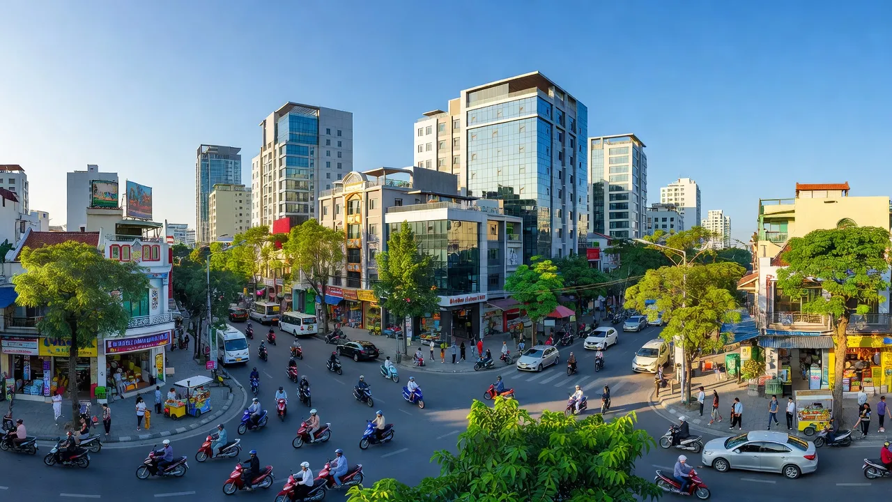 Khung cảnh đô thị Phường Phú Lợi, Thủ Dầu Một, xanh tươi với nhà cửa và cây cối.