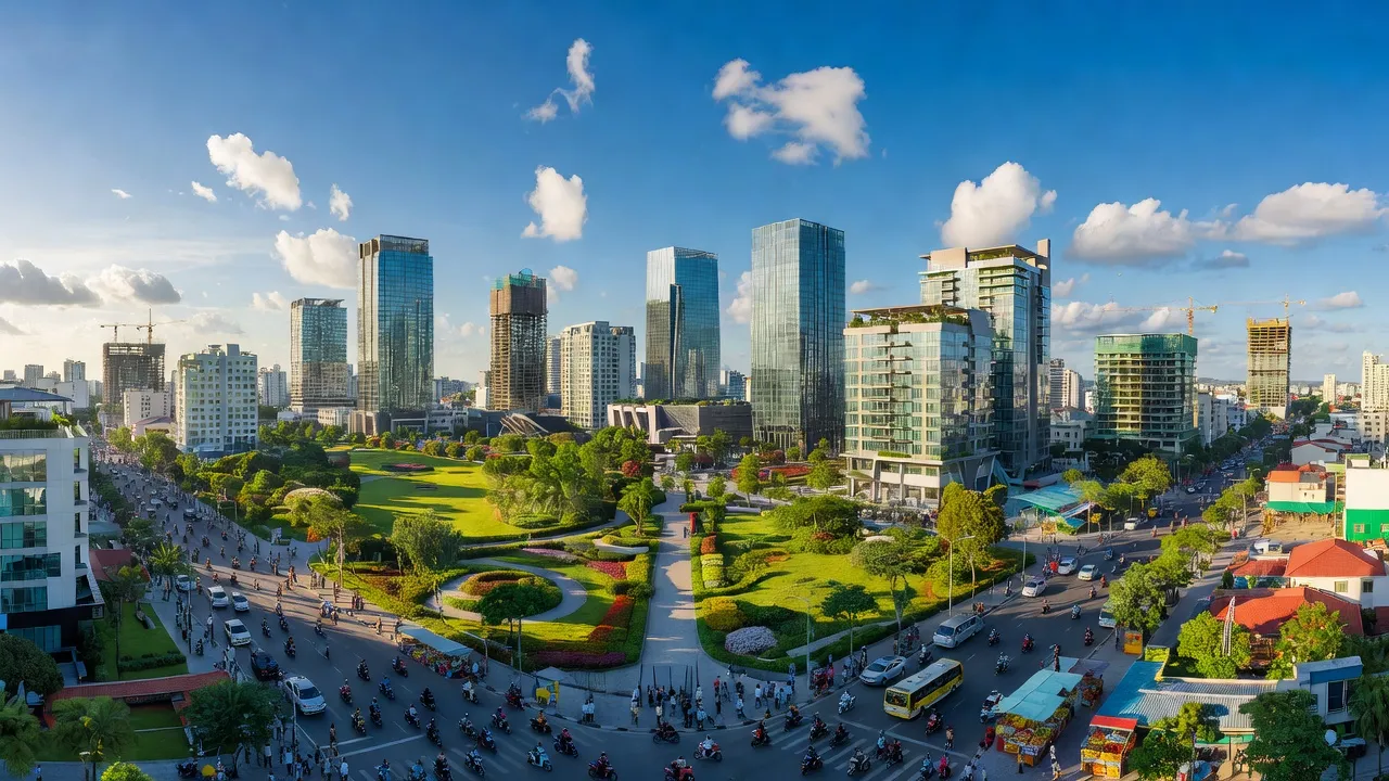 Thành phố Thuận An, Bình Dương với kiến trúc hiện đại và cảnh quan xanh tươi.