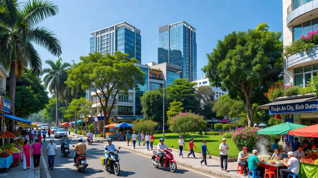 Thành phố Thuận An, tỉnh Bình Dương, với con đường sôi động và cảnh quan đô thị hiện đại.