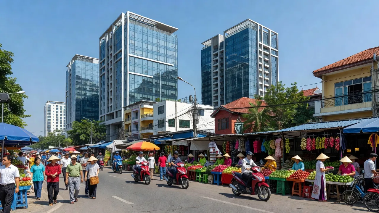 Cảnh vật sầm uất tại phường An Phú, thành phố Thuận An, tỉnh Bình Dương với người dân và kiến trúc hiện đại.