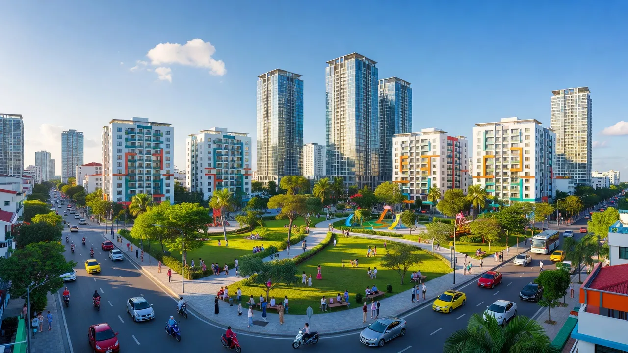 Phường An Phú, Thuận An, Bình Dương, urban landscape, modern buildings, parks, blue sky.
