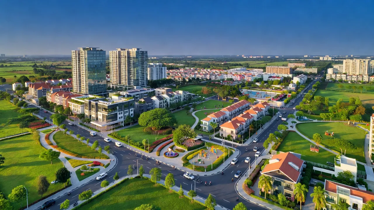 Cảnh quan Xã An Sơn, Thành phố Thuận An, Bình Dương với phát triển đô thị và thiên nhiên.