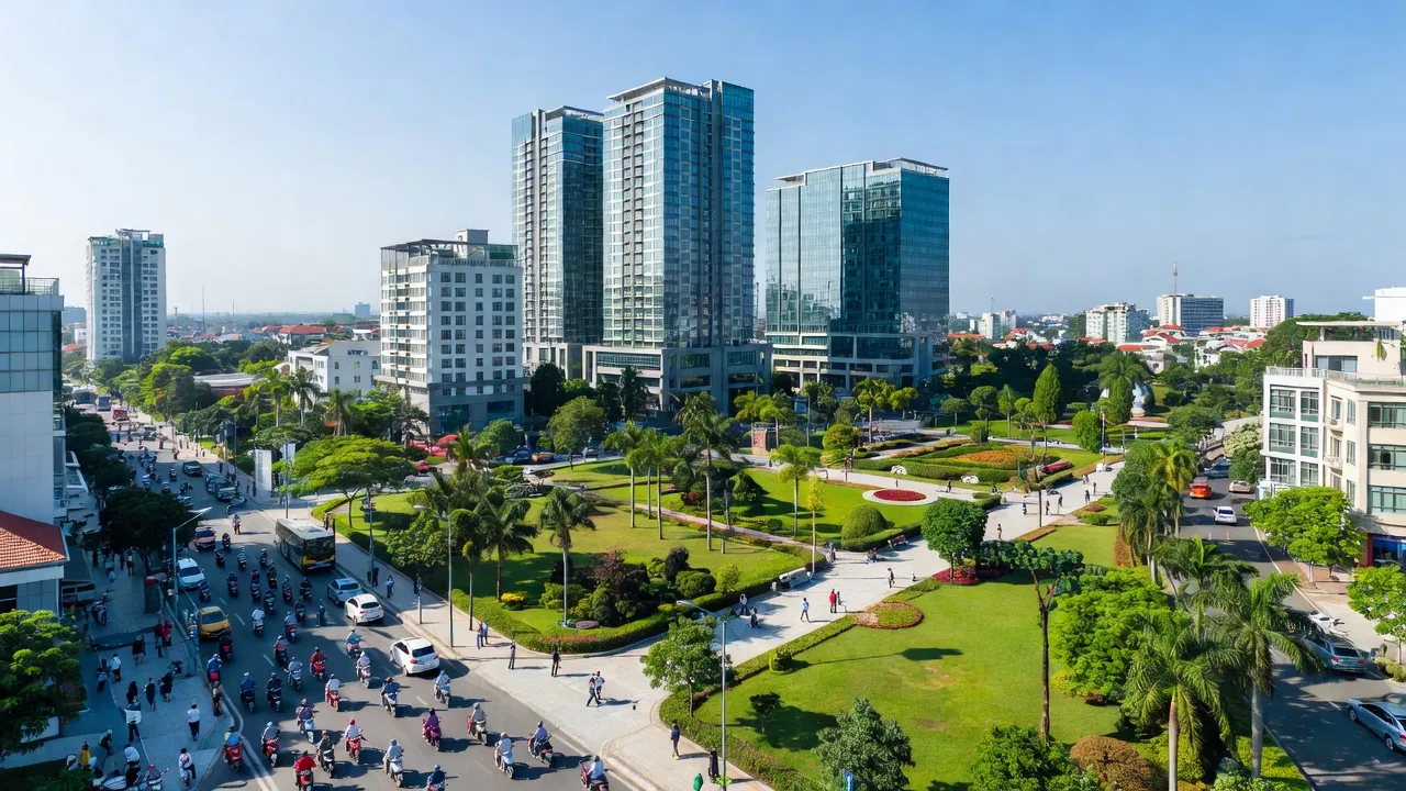 Một góc nhìn của phường Bình Hòa, Thành phố Thuận An, Bình Dương với tòa nhà hiện đại và đường phố nhộn nhịp.