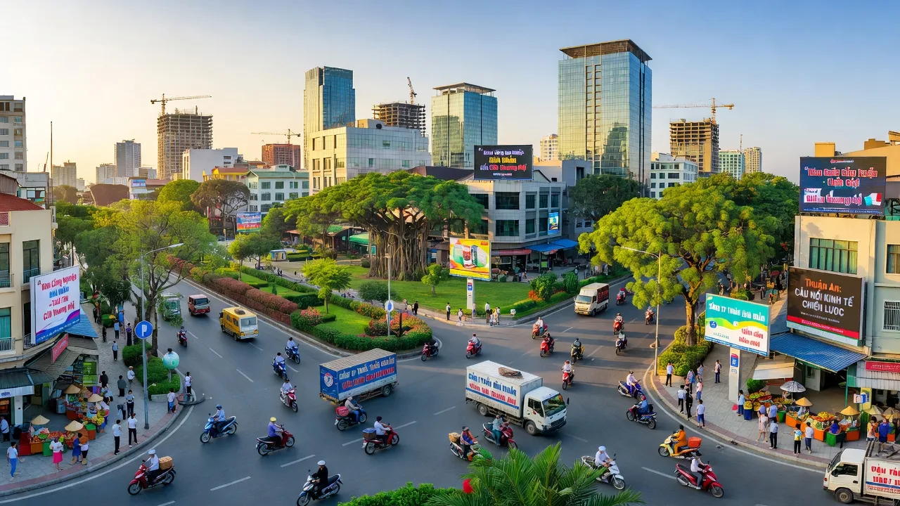Khung cảnh Bình Nhâm, Thuận An, Bình Dương với đường phố sôi động và kiến trúc hiện đại.