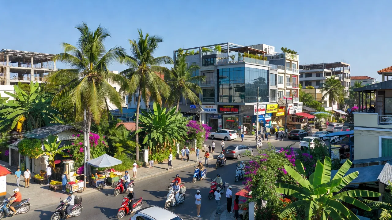 Phường Hưng Định, Thuận An, Bình Dương with busy streets, tropical elements and urban development.
