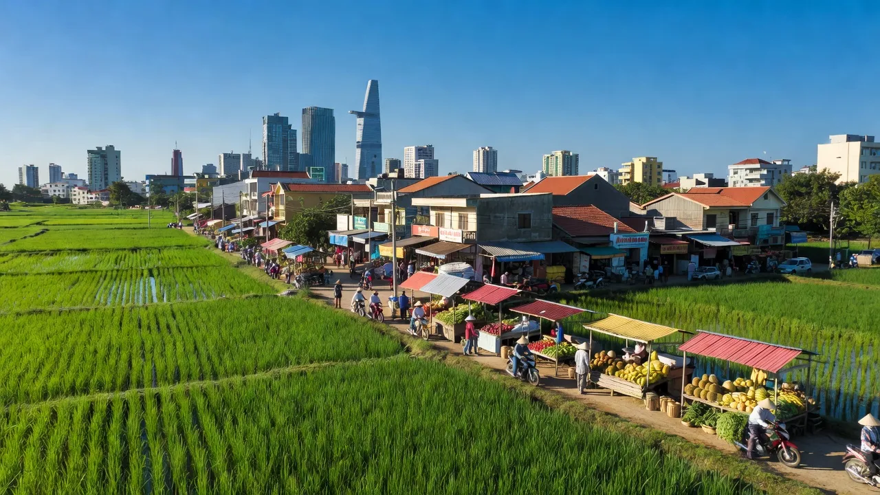 Khung cảnh tươi đẹp của Phường Lái Thiêu, Thành phố Thuận An, với đồng xanh và chợ truyền thống