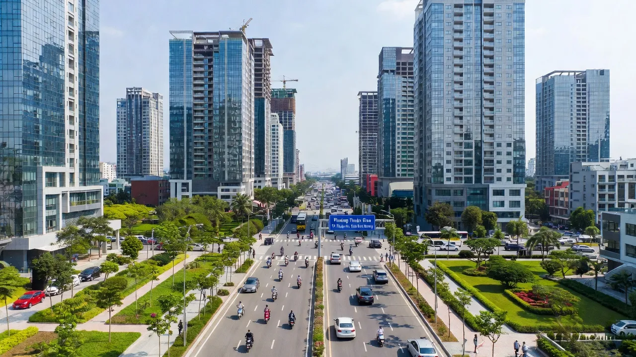 Cảnh quan phát triển đô thị tại Phường Thuận Giao, Thành phố Thuận An, Bình Dương, với nhà cao tầng và cây xanh.
